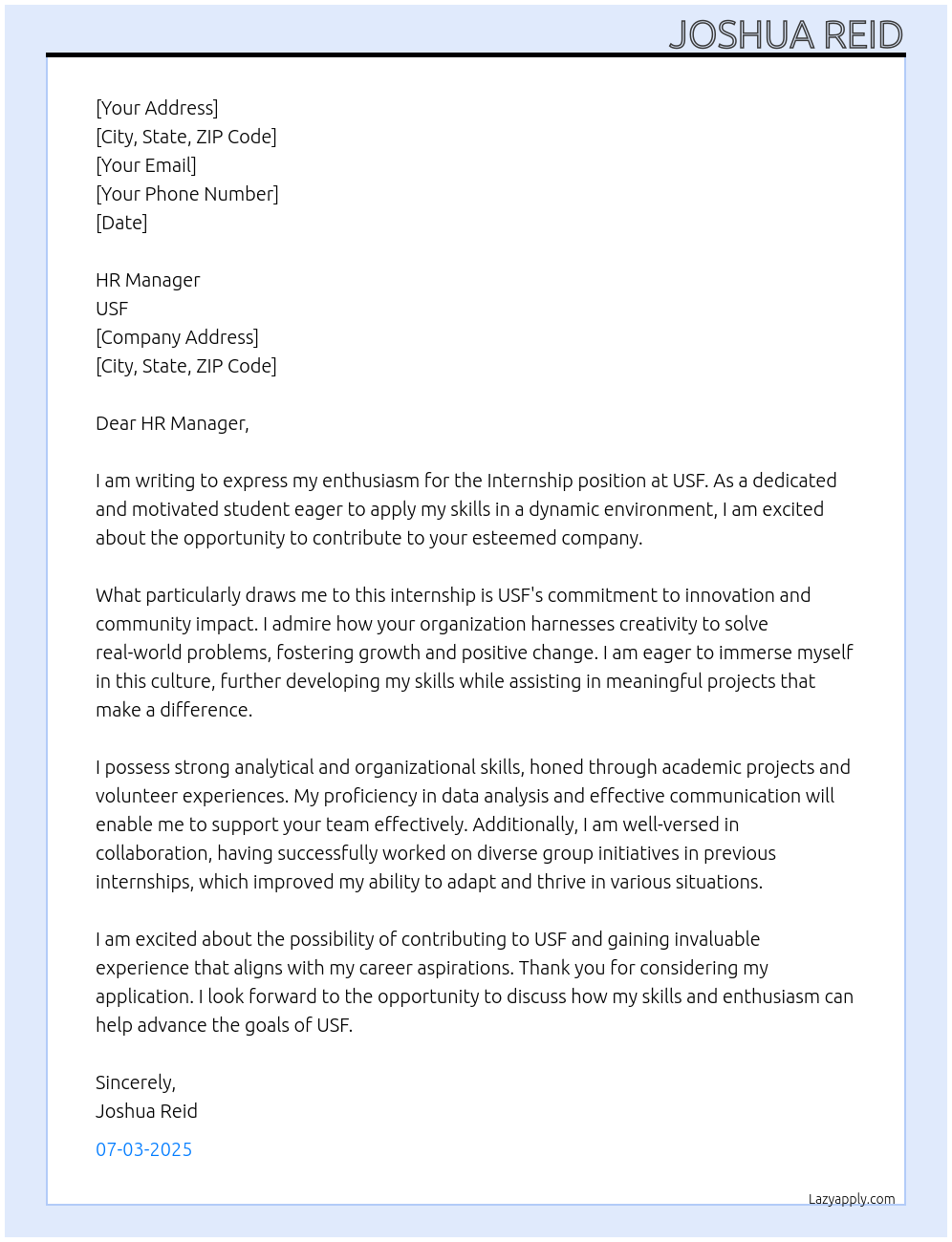 Internship At USF Cover Letter