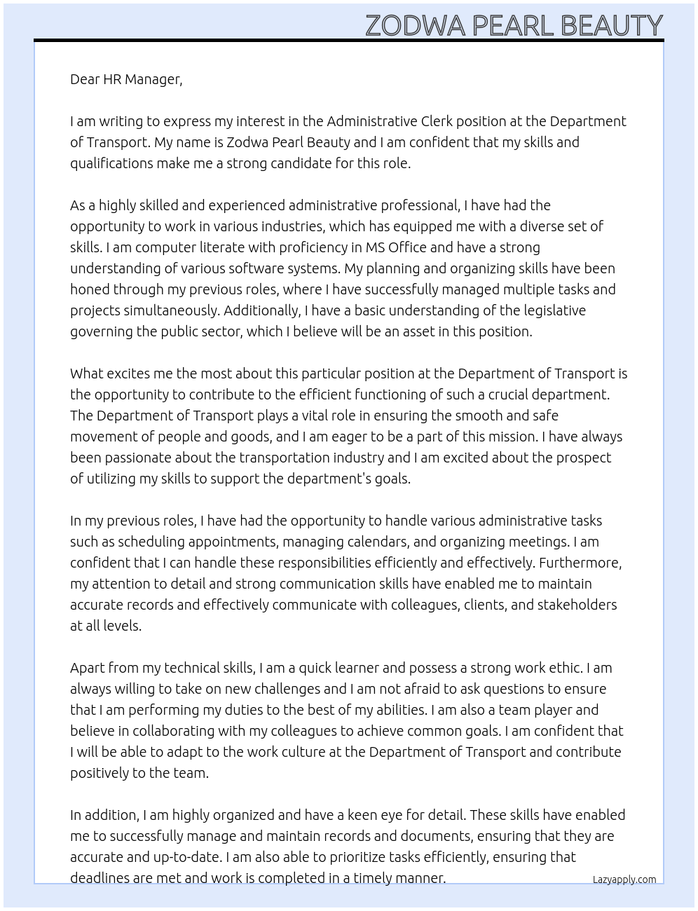 Administrative Clerk At Department of Transport Cover Letter