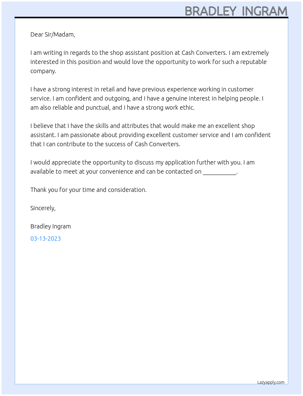 shop assistant At Cash Converters Cover Letter