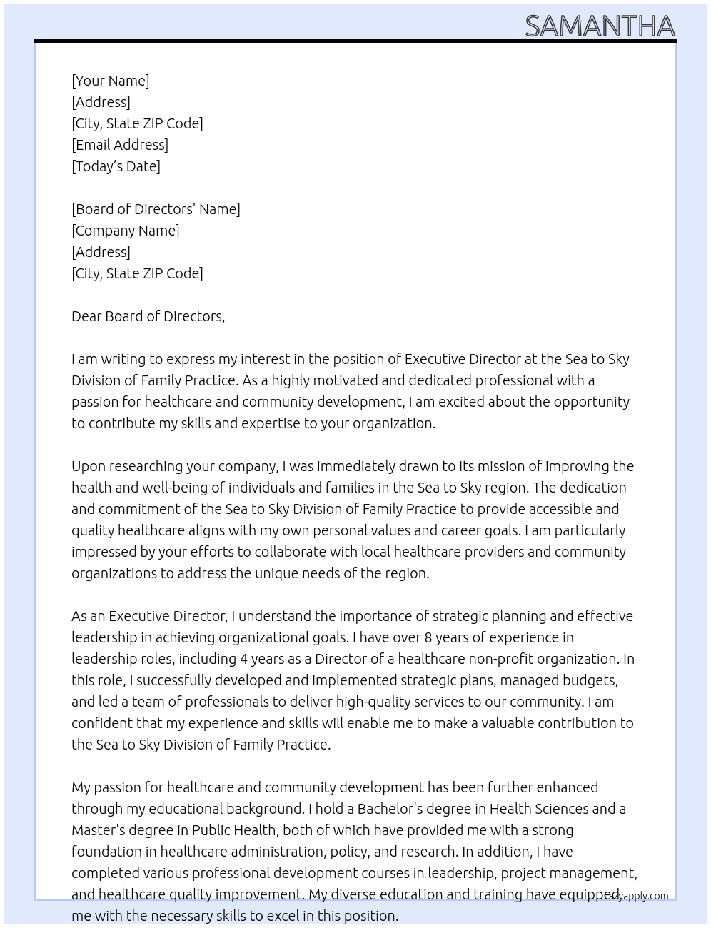 Executive Director At Sea to Sky Division of Family Practice Cover Letter