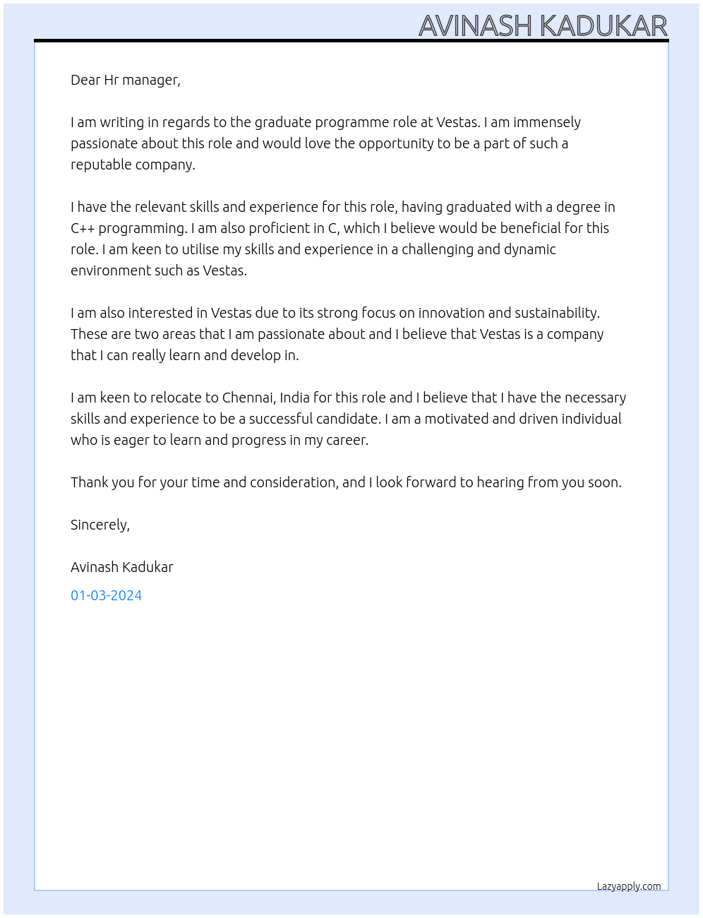 graduate programme At vestas Cover Letter