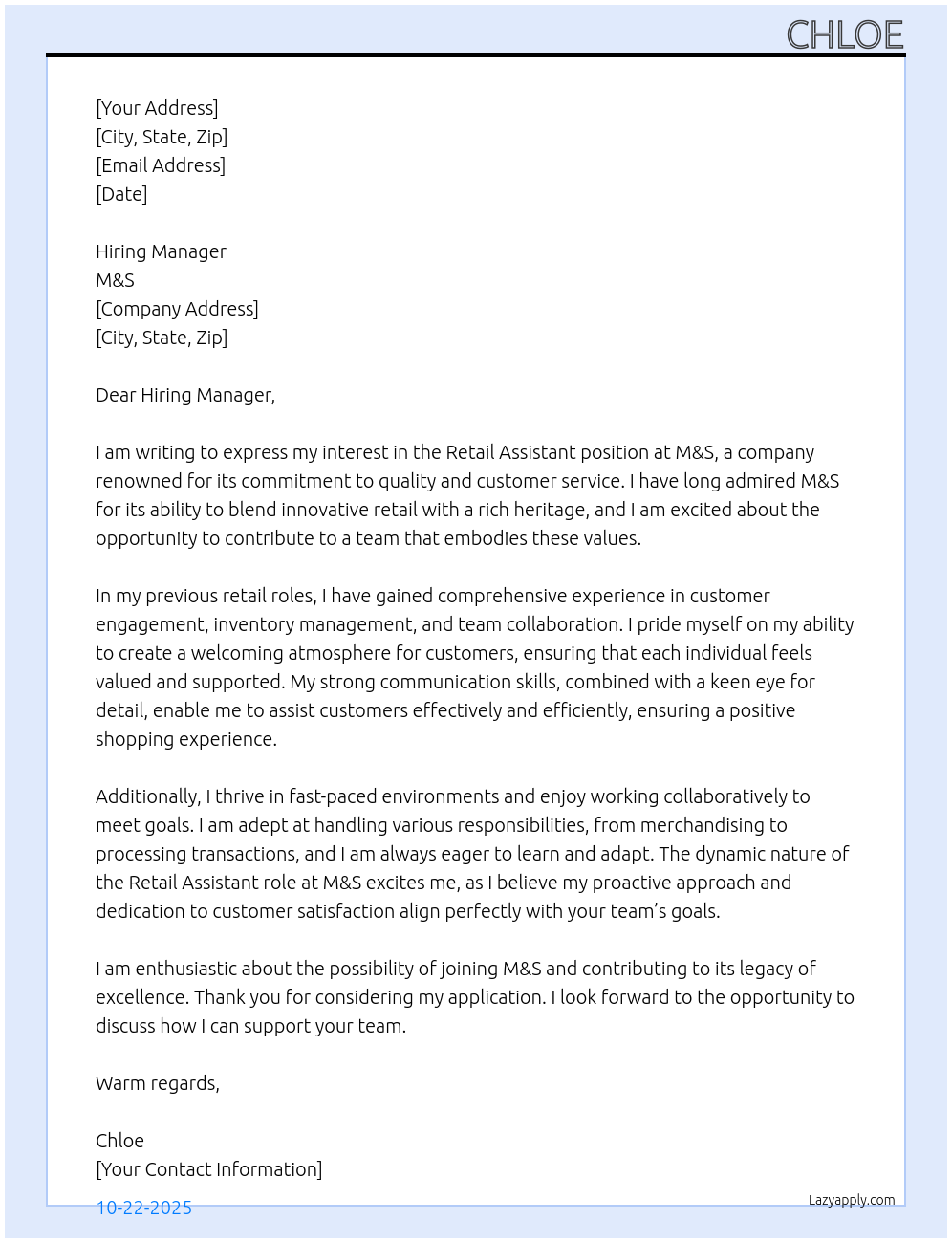 Cover letter for retail assistant - LazyApply