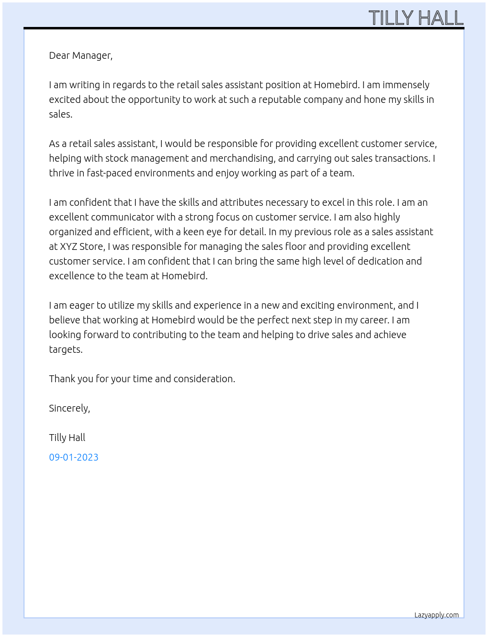 Retail sales assistant At Homebird Cover Letter