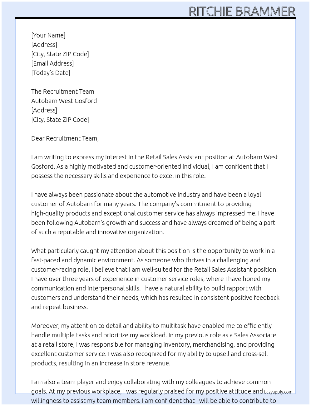 Retail Sales Assistant At Autobarn West Gosford Cover Letter