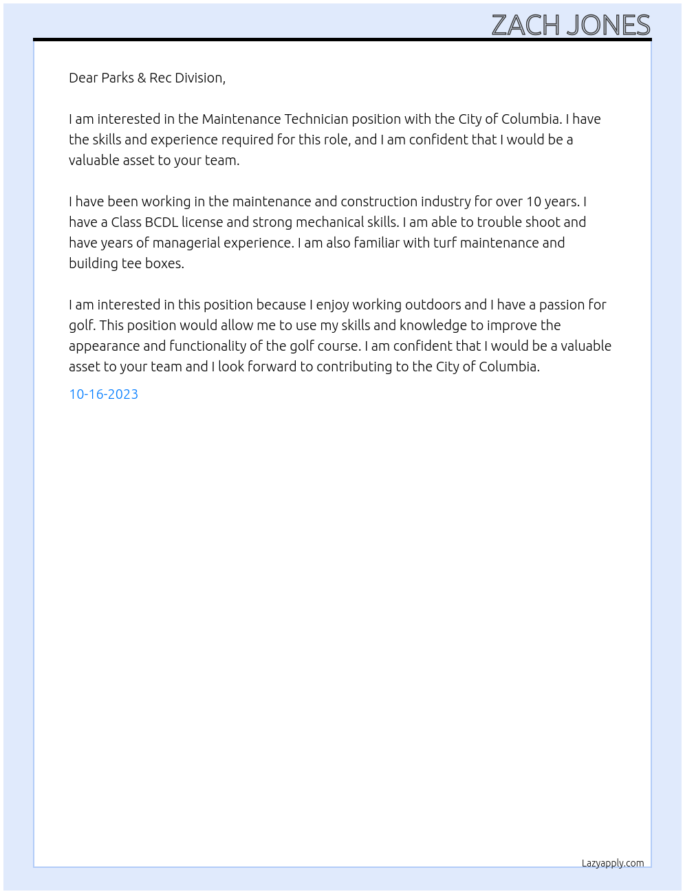 Maintenance Technician At City of Columbia Cover Letter