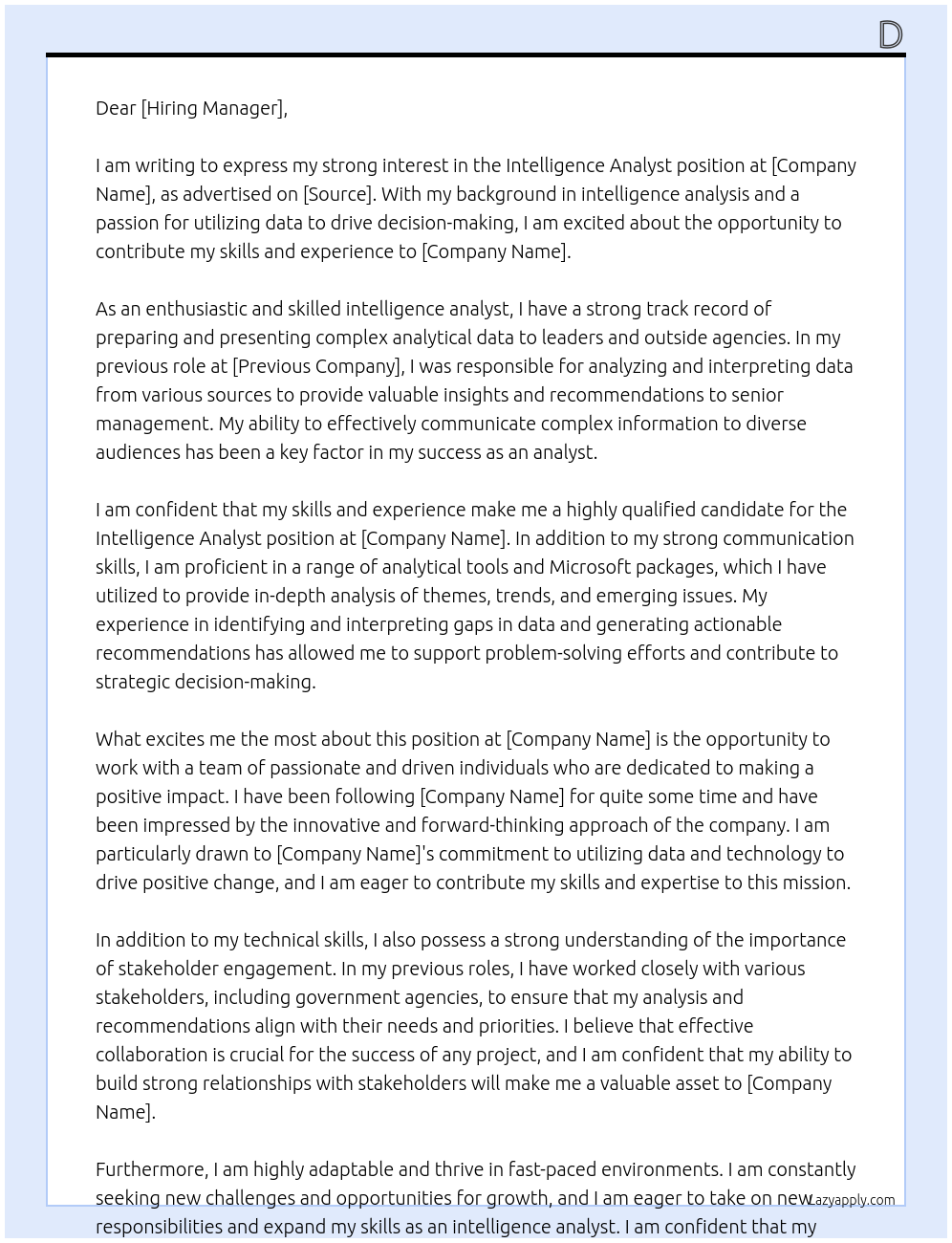 intelligence analyst At d Cover Letter