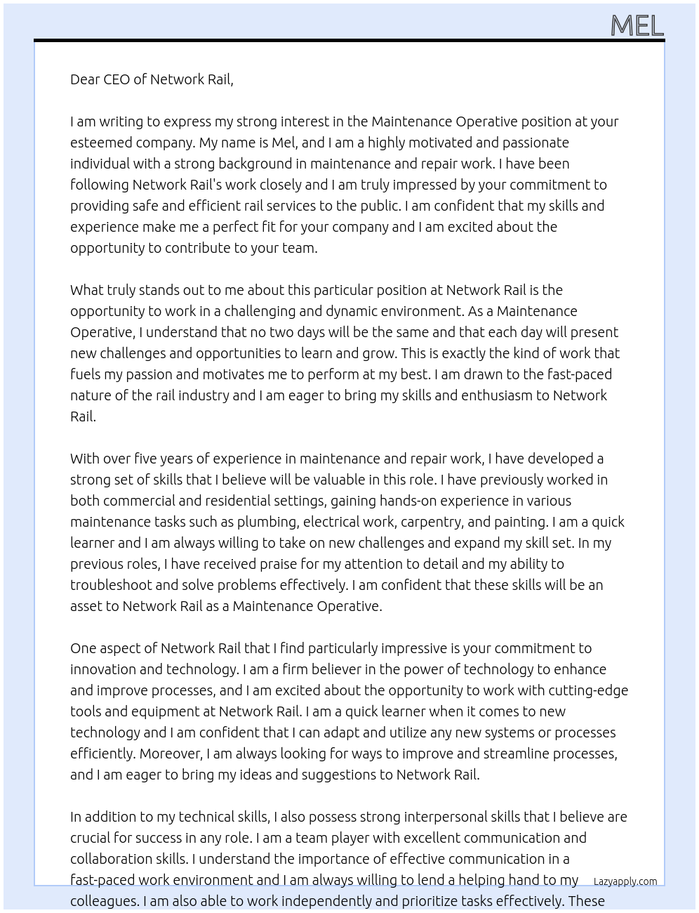 Maintenance operative  At Network rail Cover Letter