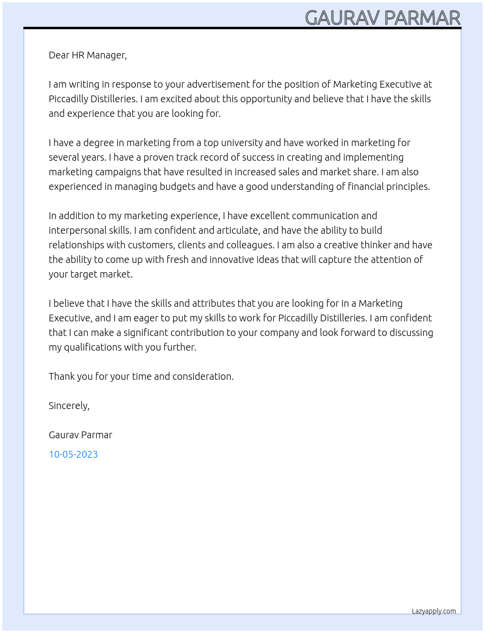 Marketing Executive At Piccadilly Distilleries Cover Letter