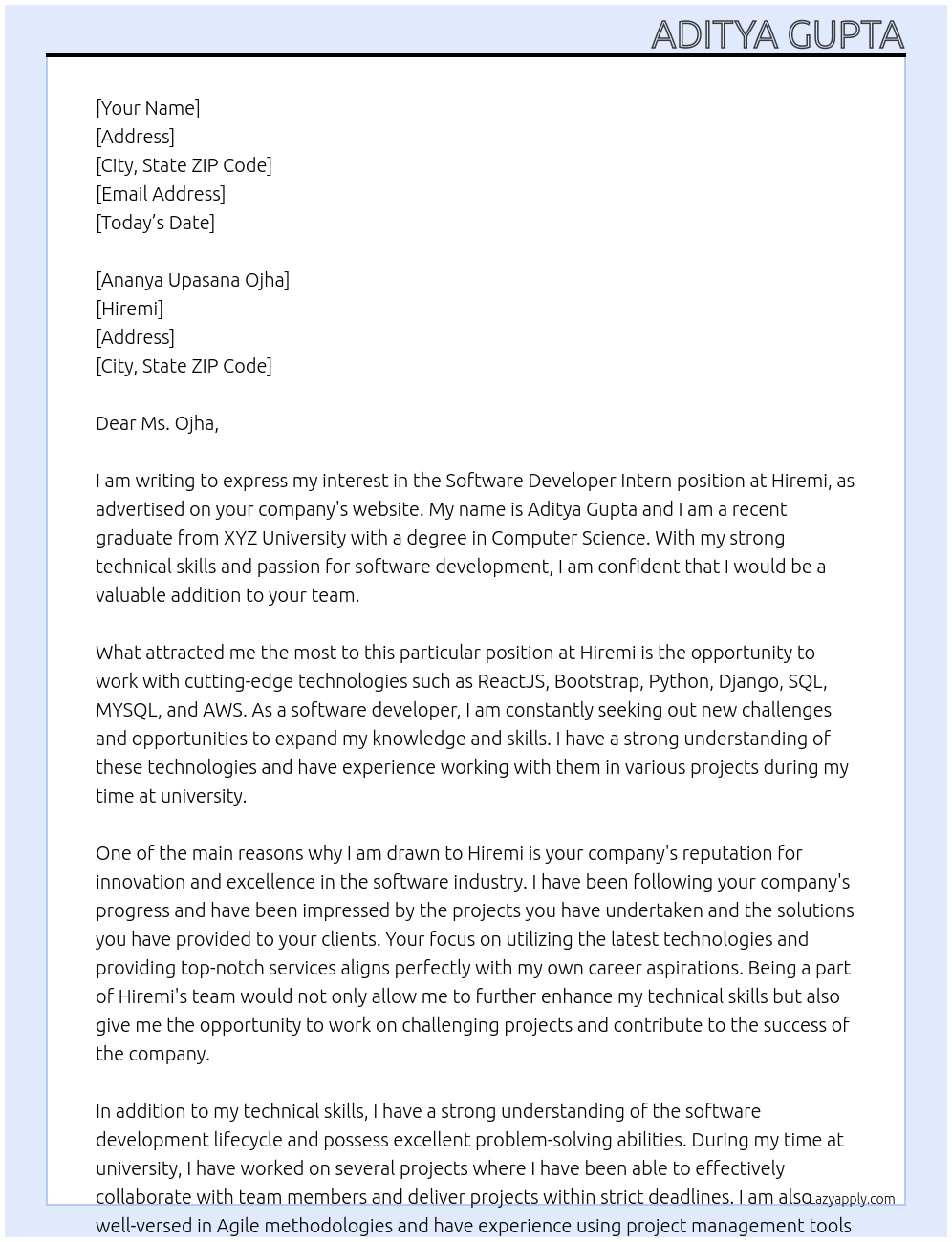 Software Developer Intern At Hiremi Cover Letter