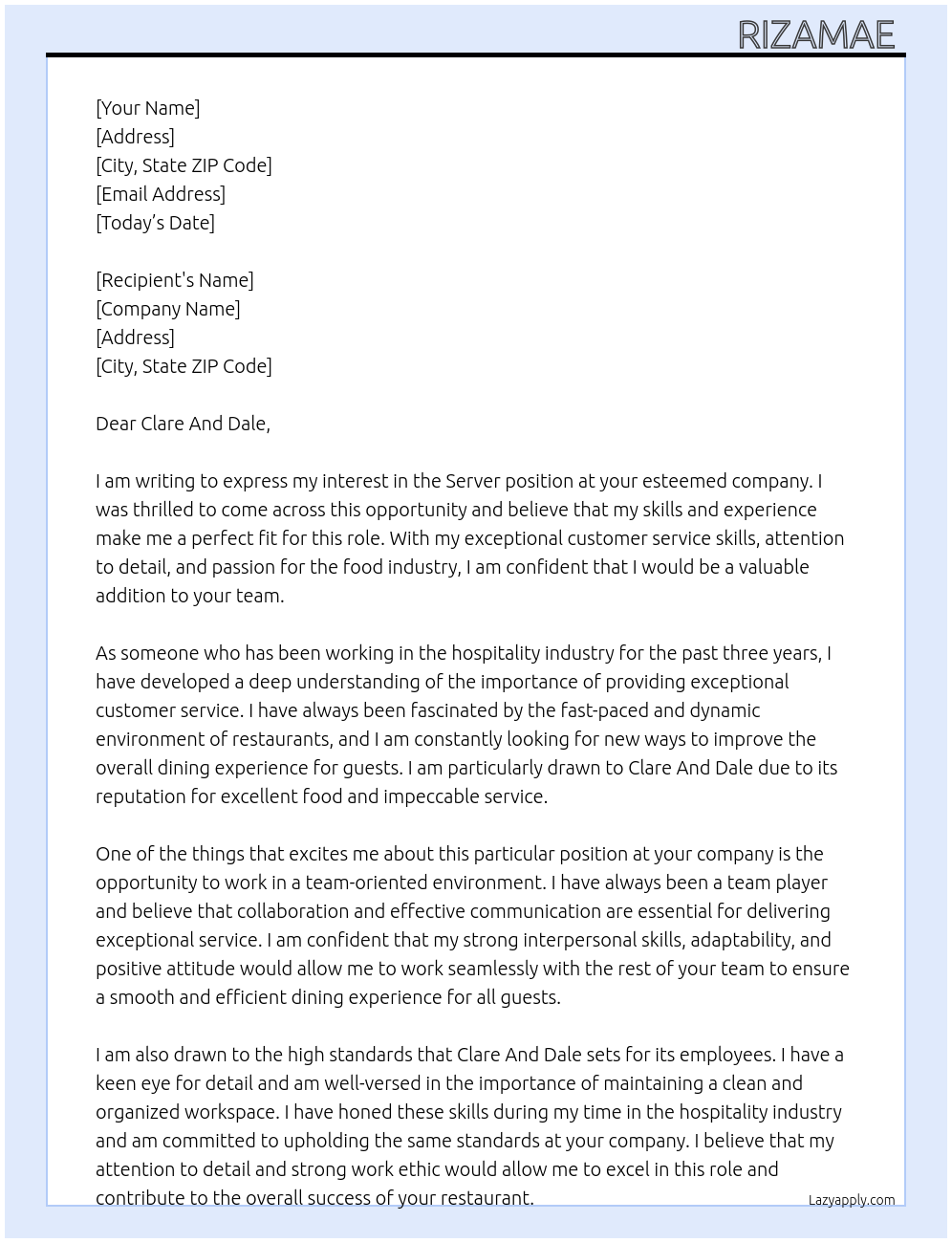 Server At Clare And Dale Cover Letter