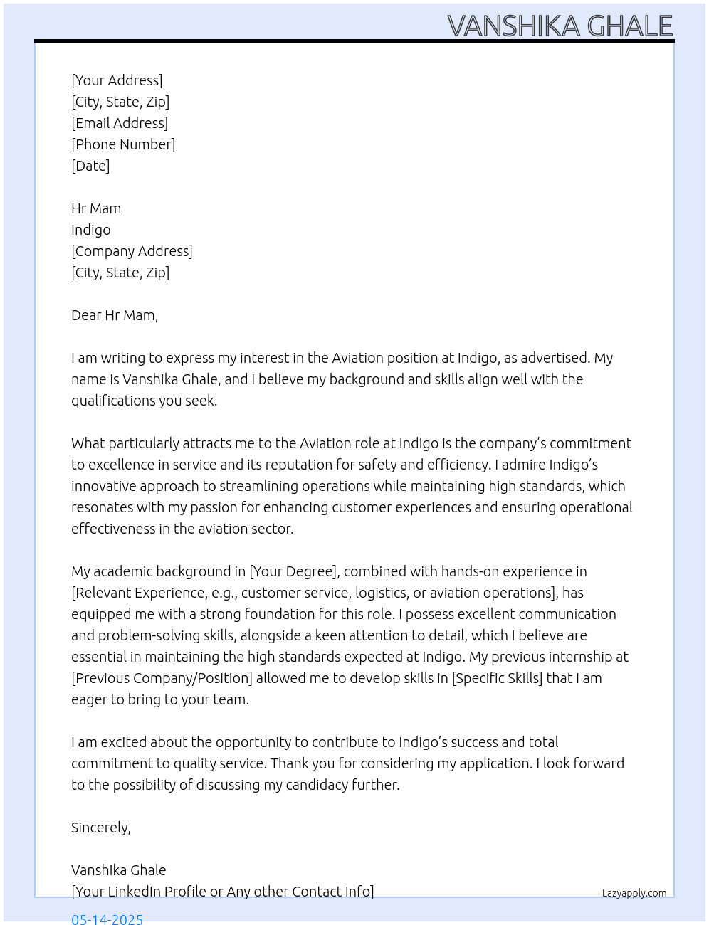 Aviation At Indigo Cover Letter