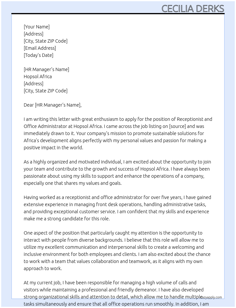 Receptionist and Office Administrator At Hopsol Africa Cover Letter