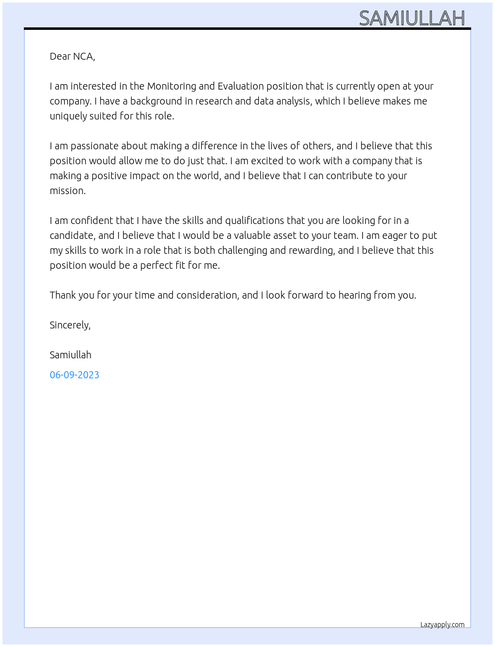 Monitoring and evaluation At NCA Cover Letter