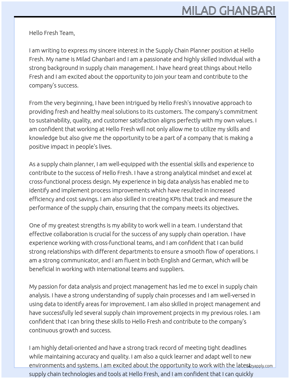 Supply Chain Planner At Hello Fresh Cover Letter