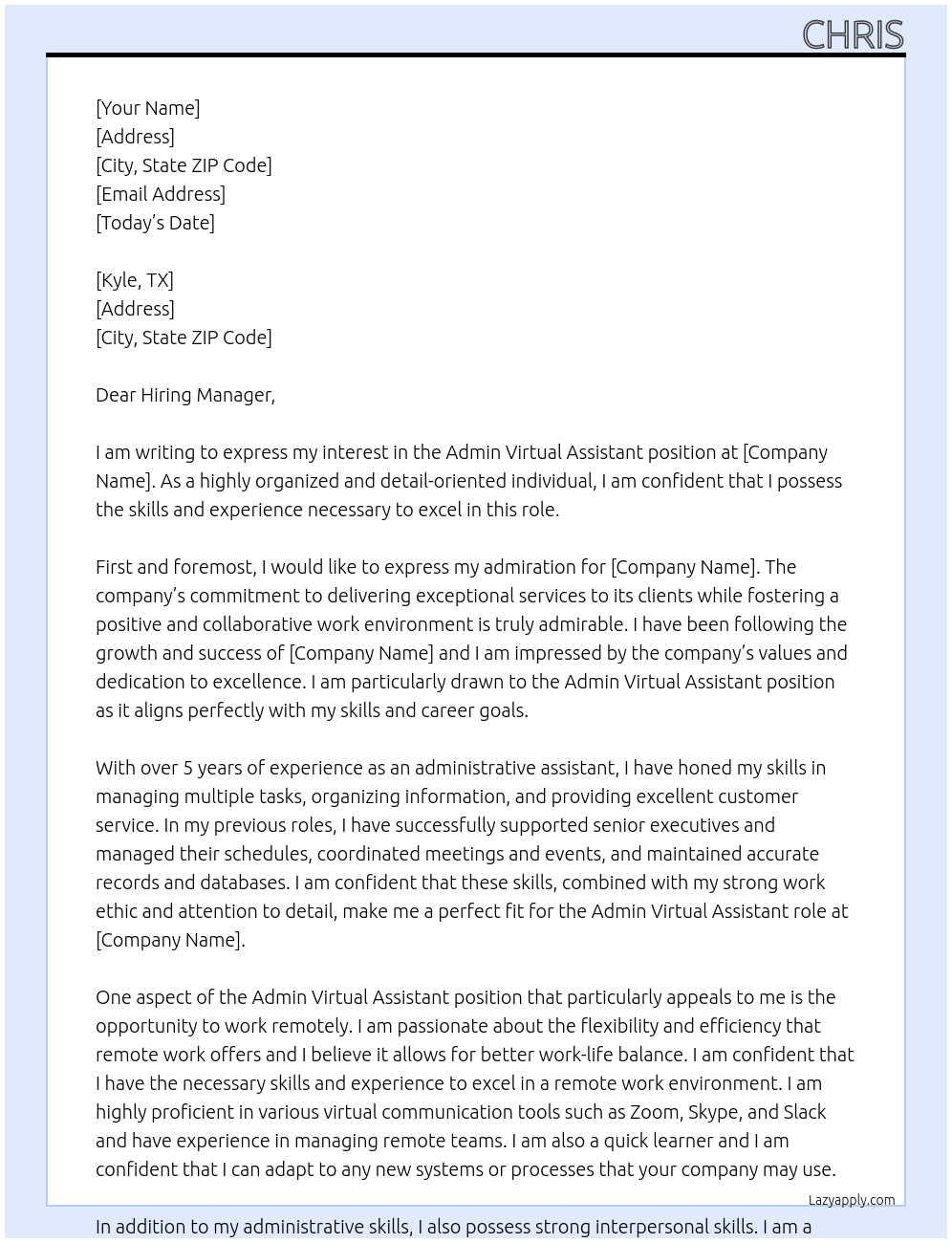 Admin Virtual Assistant At Kyle, TX Cover Letter
