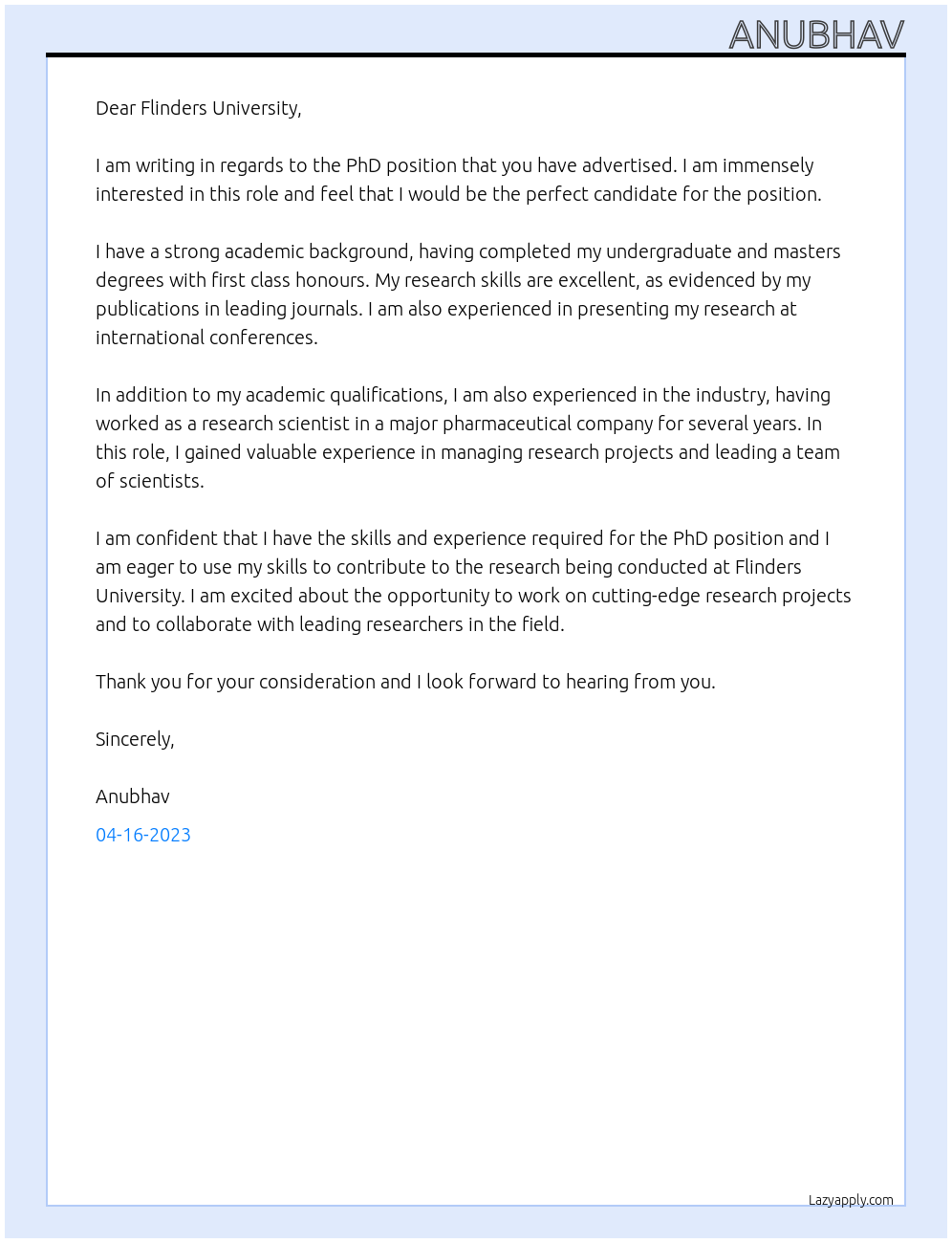 PhD At Flinders University Cover Letter