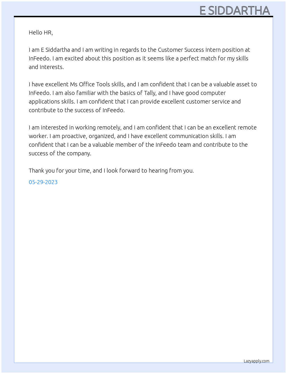 Customer success Intern  At InFeedo  Cover Letter