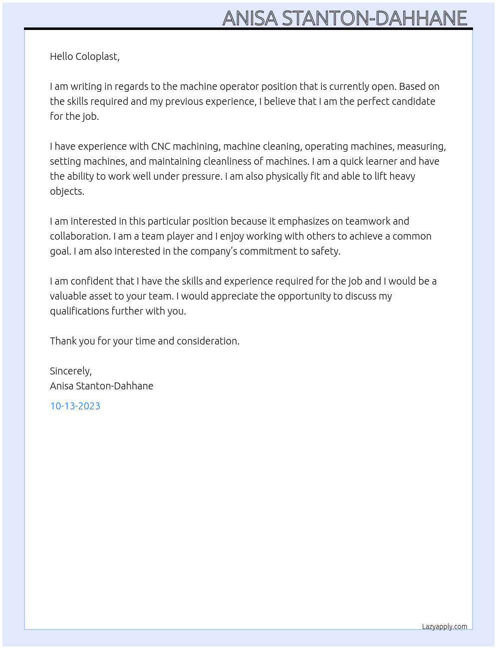 Machine operator At Coloplast Cover Letter