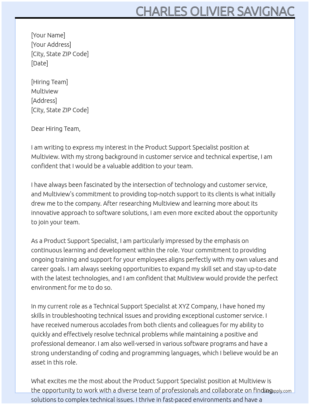 Product Support Specialist At Multiview Cover Letter