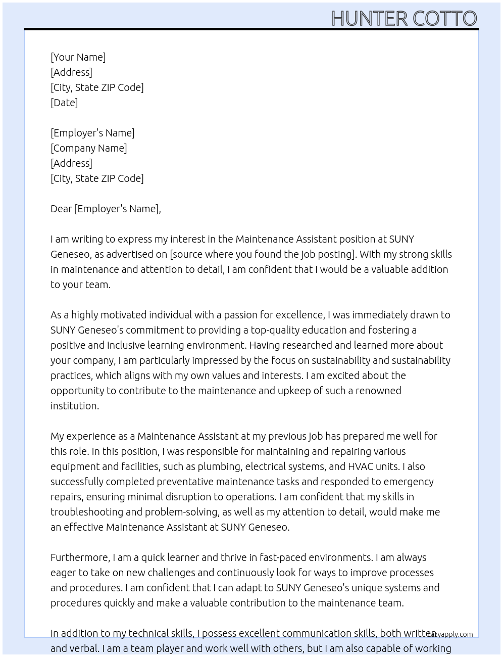 Maintenance assistant At SUNY Geneseo Cover Letter