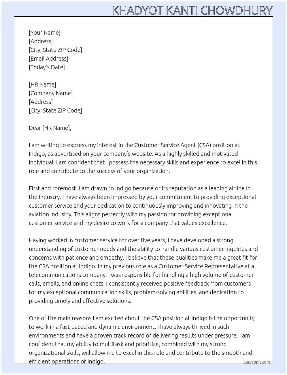 CSA At Indigo Cover Letter