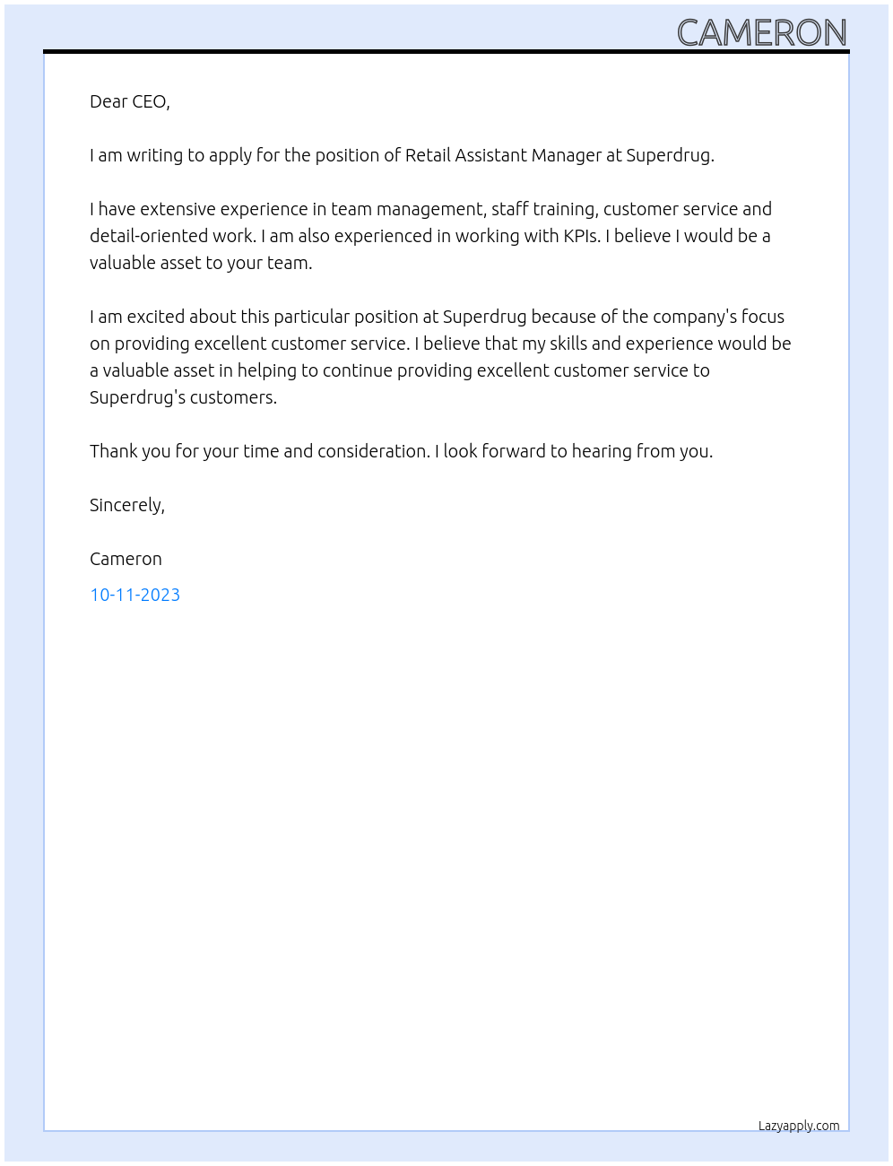 Retail Assistant Manager At Superdrug Cover Letter