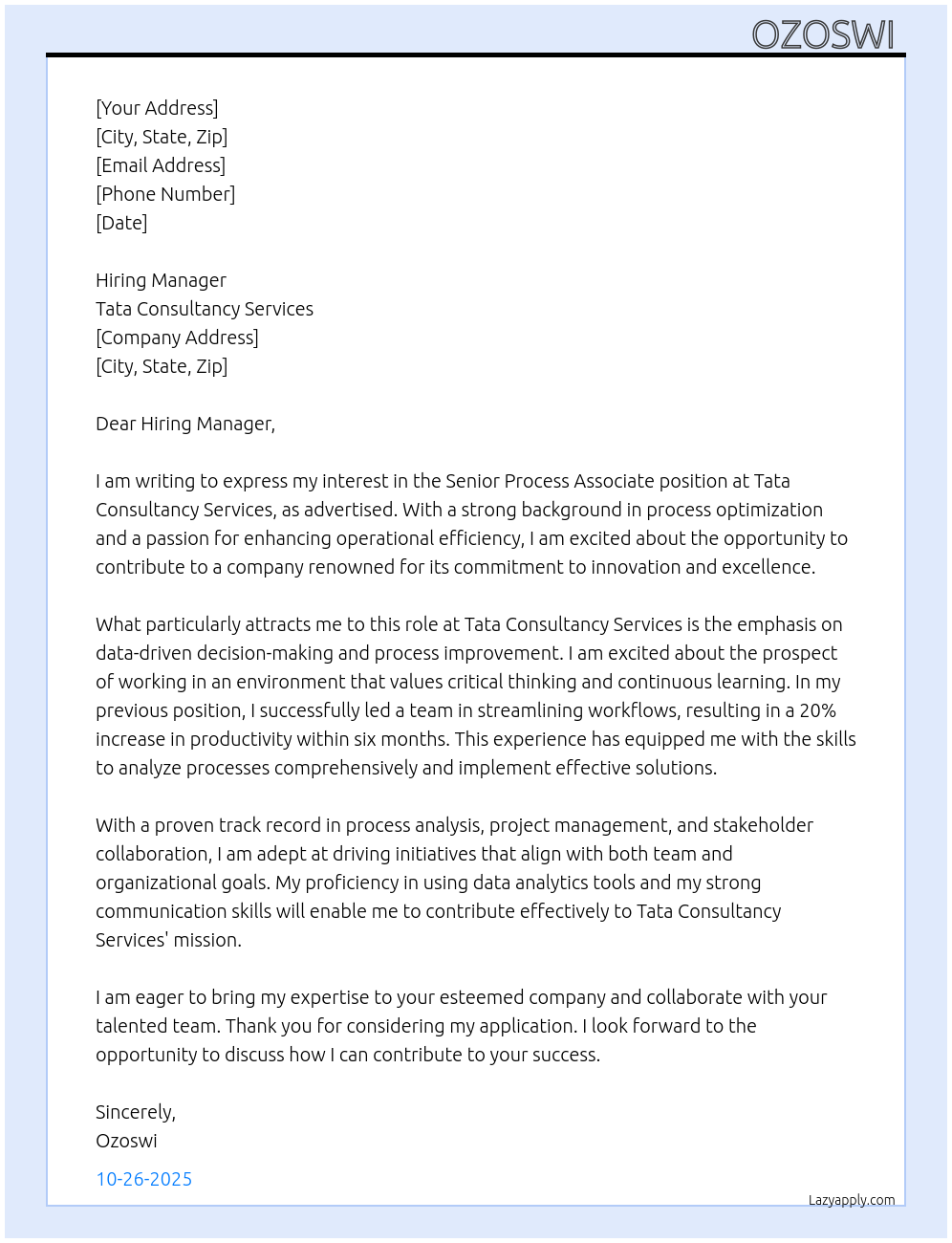 Senior Process Associate At Tata Consultancy Services Cover Letter