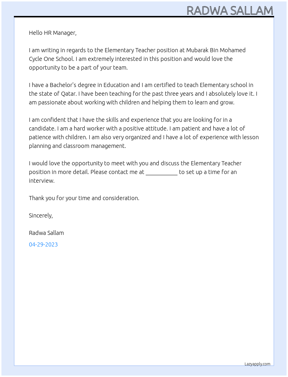 Elementary teacher At Mubarak Bin Mohamed Cycle One School Cover Letter