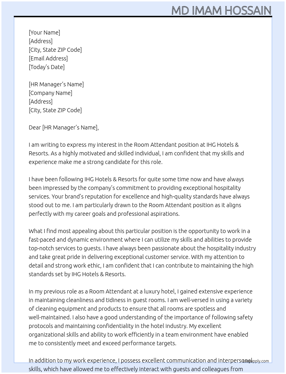 Room Attendant At IHG Hotels & Resorts Cover Letter