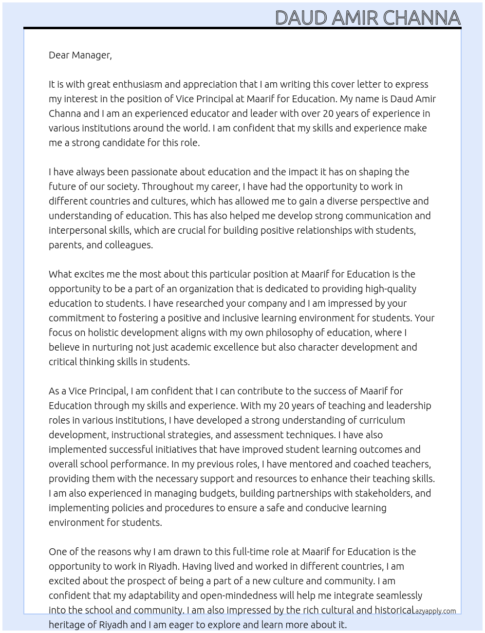 vice principal At Maarif for Education Cover Letter