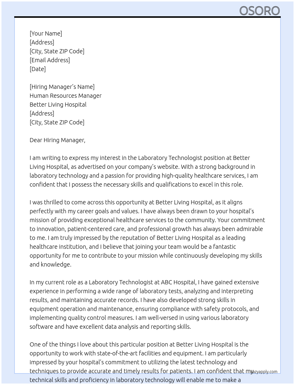 Laboratory technologist At Better living hospital Cover Letter