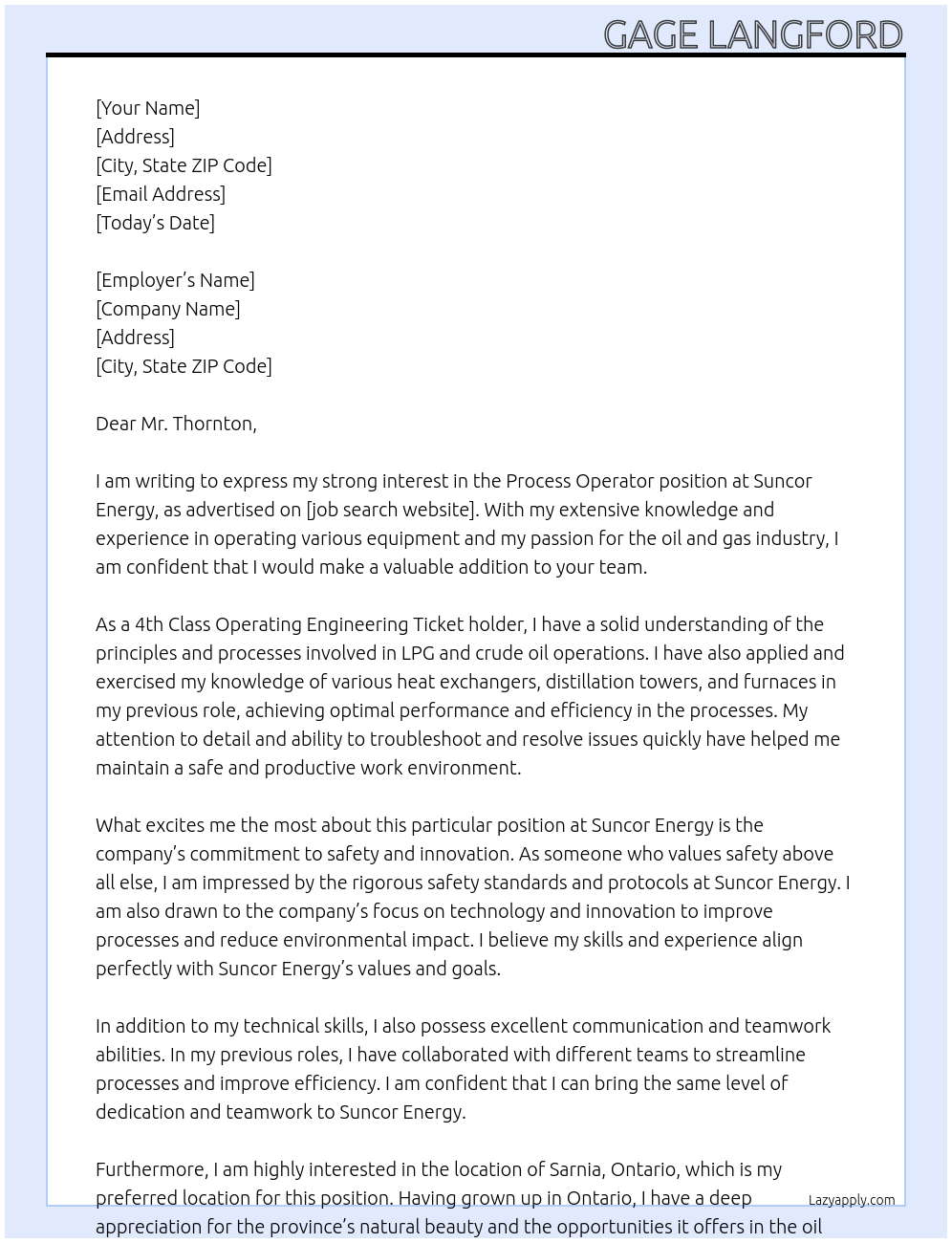Process Operator At Suncor Energy Cover Letter