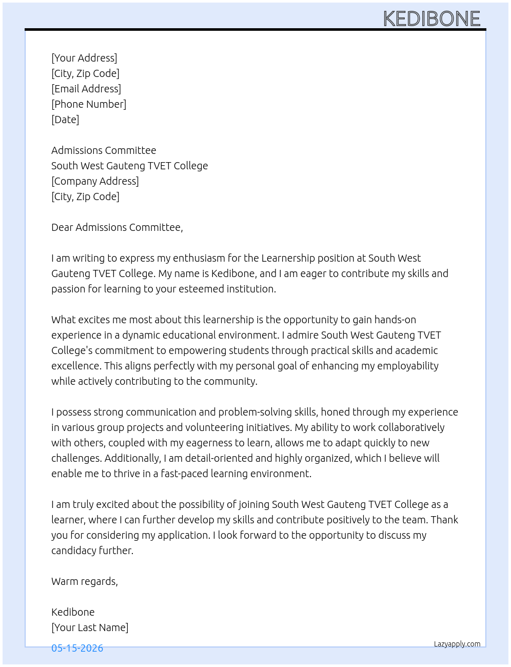 Learnership  At South west gauteng tvet college  Cover Letter