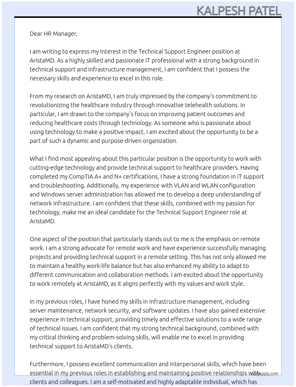 Technical Support Engineer At AristaMD Cover Letter