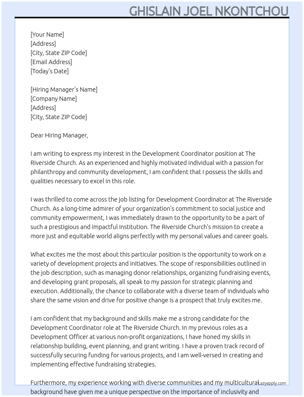 Development Coordinator At The Riverside Church Cover Letter