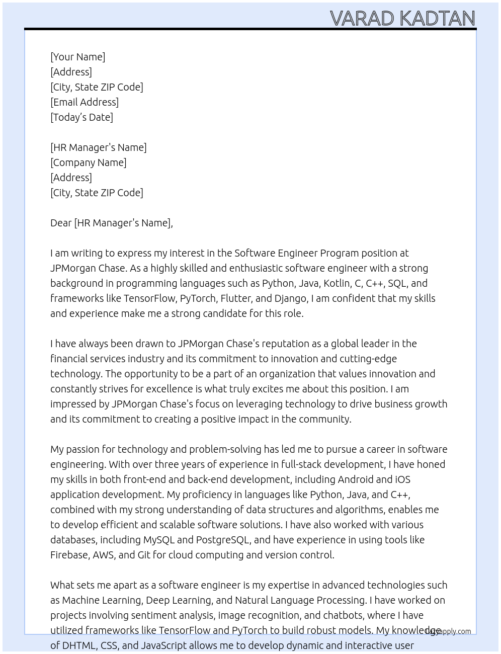 Software Engineer Program At JPMorgan Chase Cover Letter
