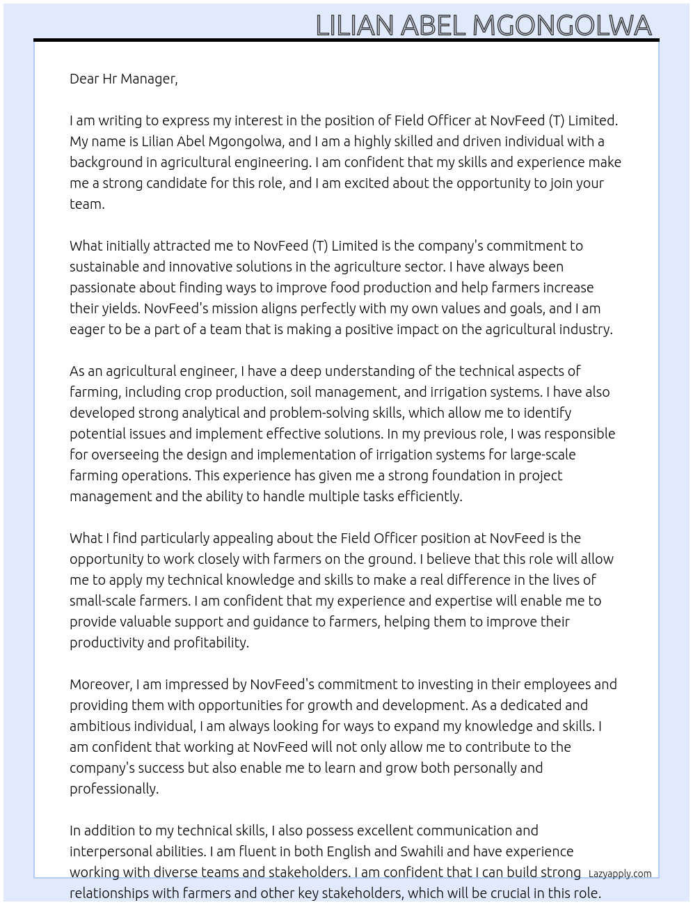 Field Officer At NovFeed (T) Limited Cover Letter