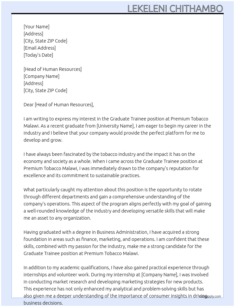 Graduatee Trainee  At Premium Tobacco Malawi  Cover Letter