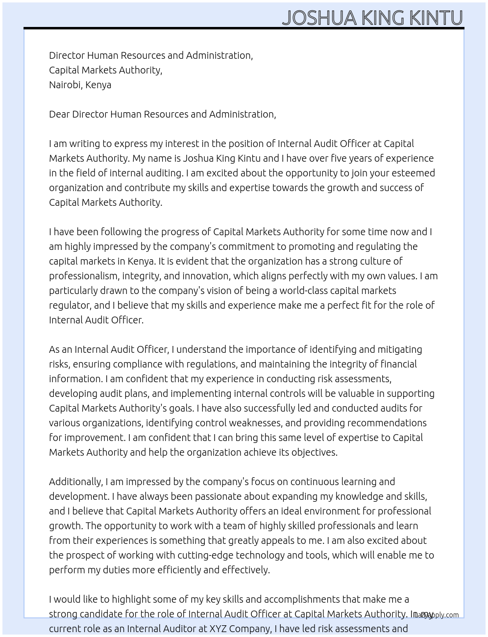 internal audit officer At Capital Markets Authourity Cover Letter