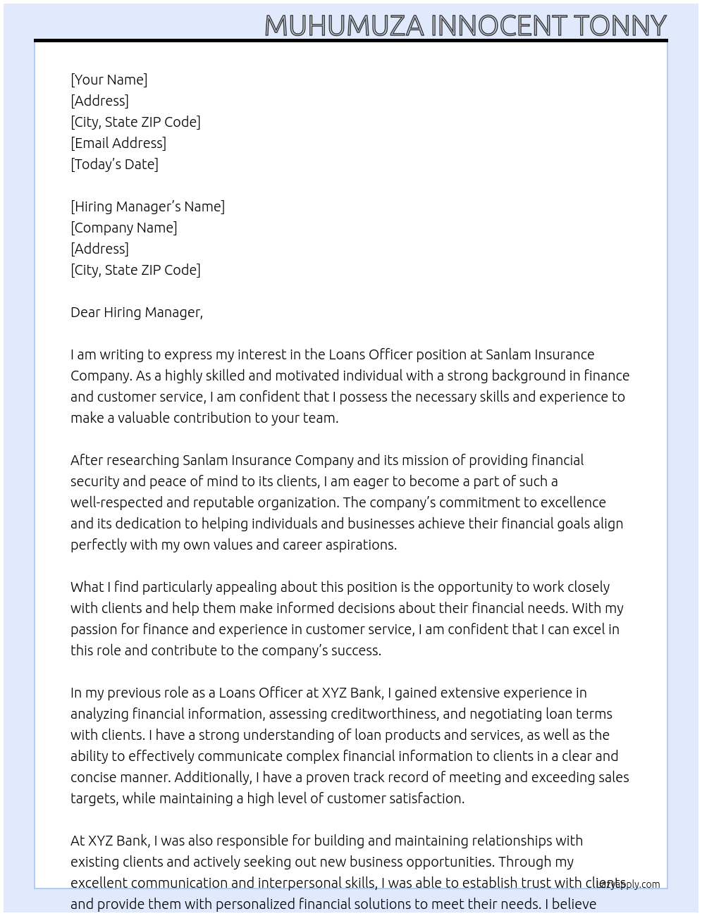 Loans officer At Sanlam insurance company Cover Letter