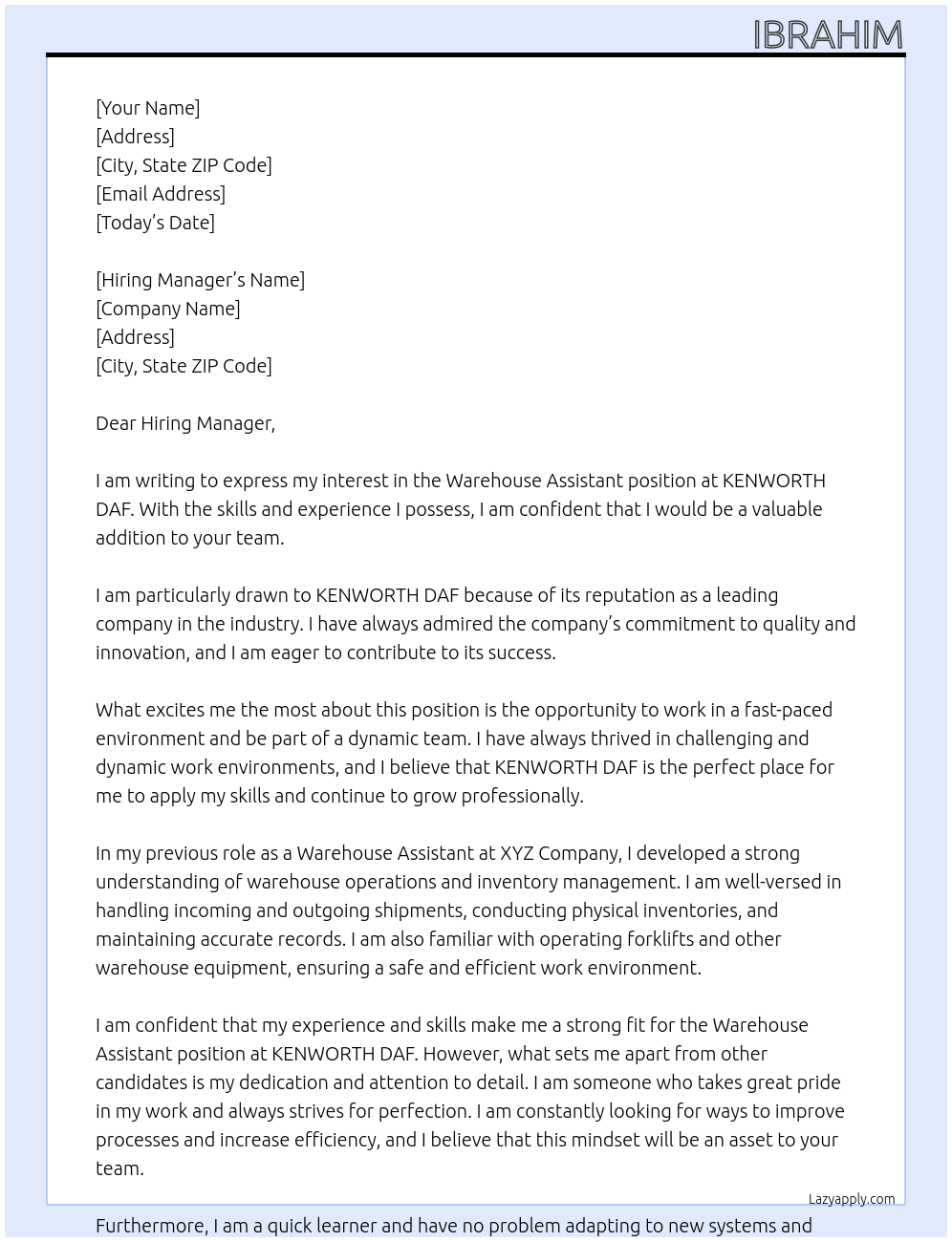 Warehouse assistant  At KENWORTH DAF Cover Letter