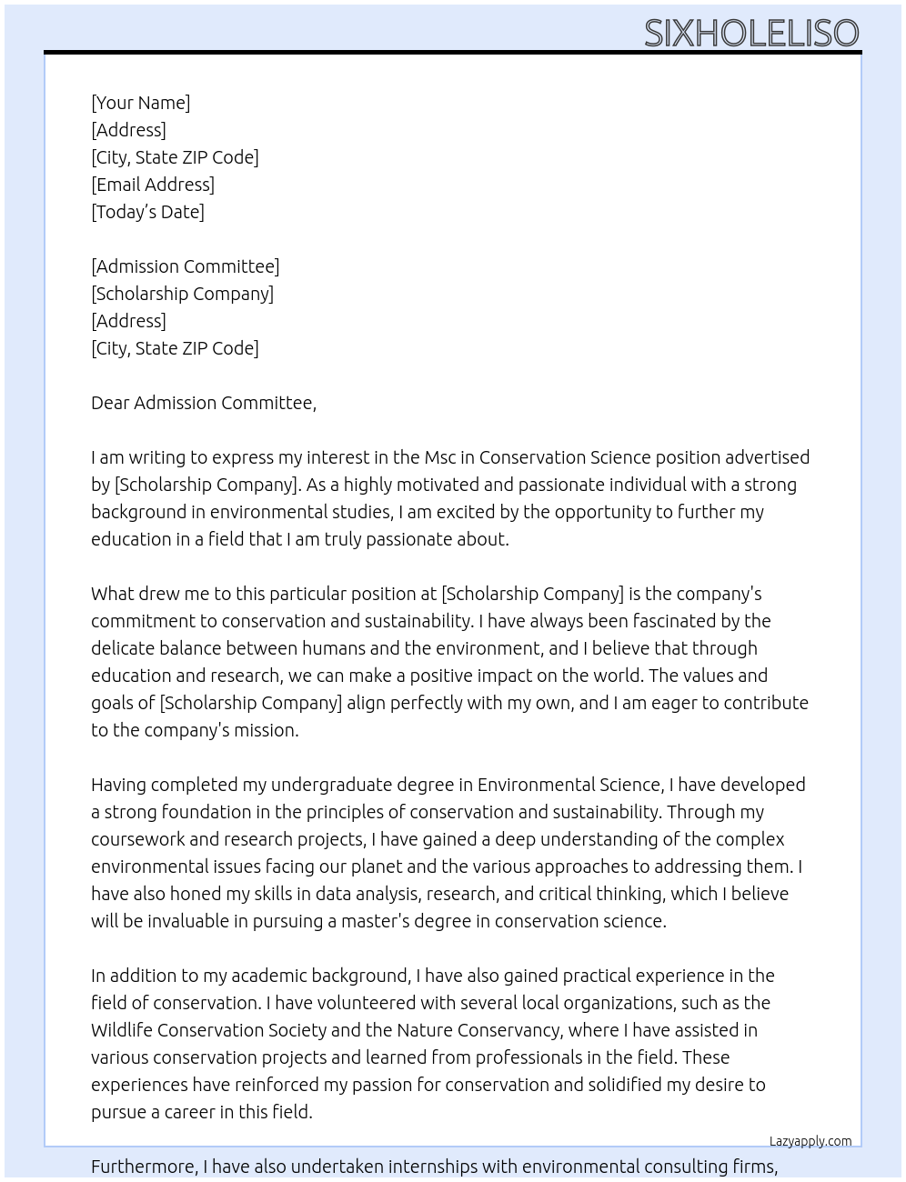 Msc in conservation science At Scholarship Cover Letter