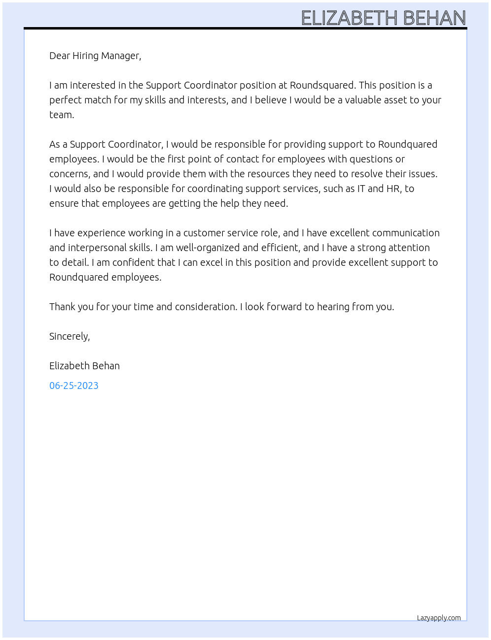 Support Coordinator At Roundsquared Cover Letter
