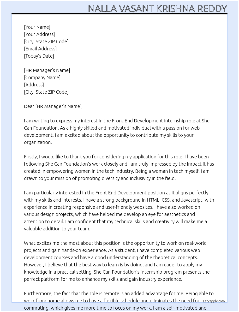 Front End Development At She Can Foundation Cover Letter
