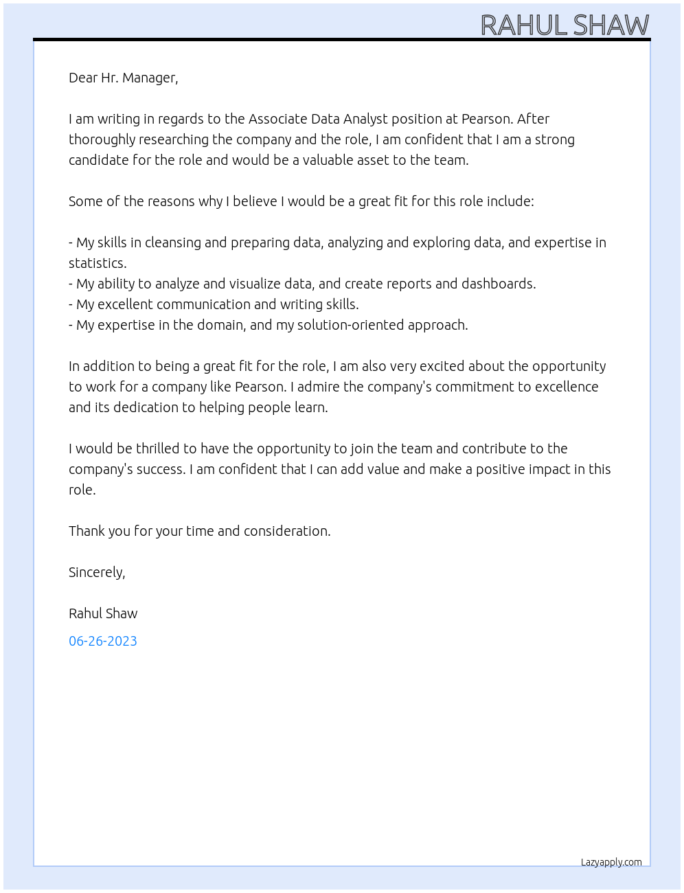 Associate Data Analyst At Pearson Cover Letter