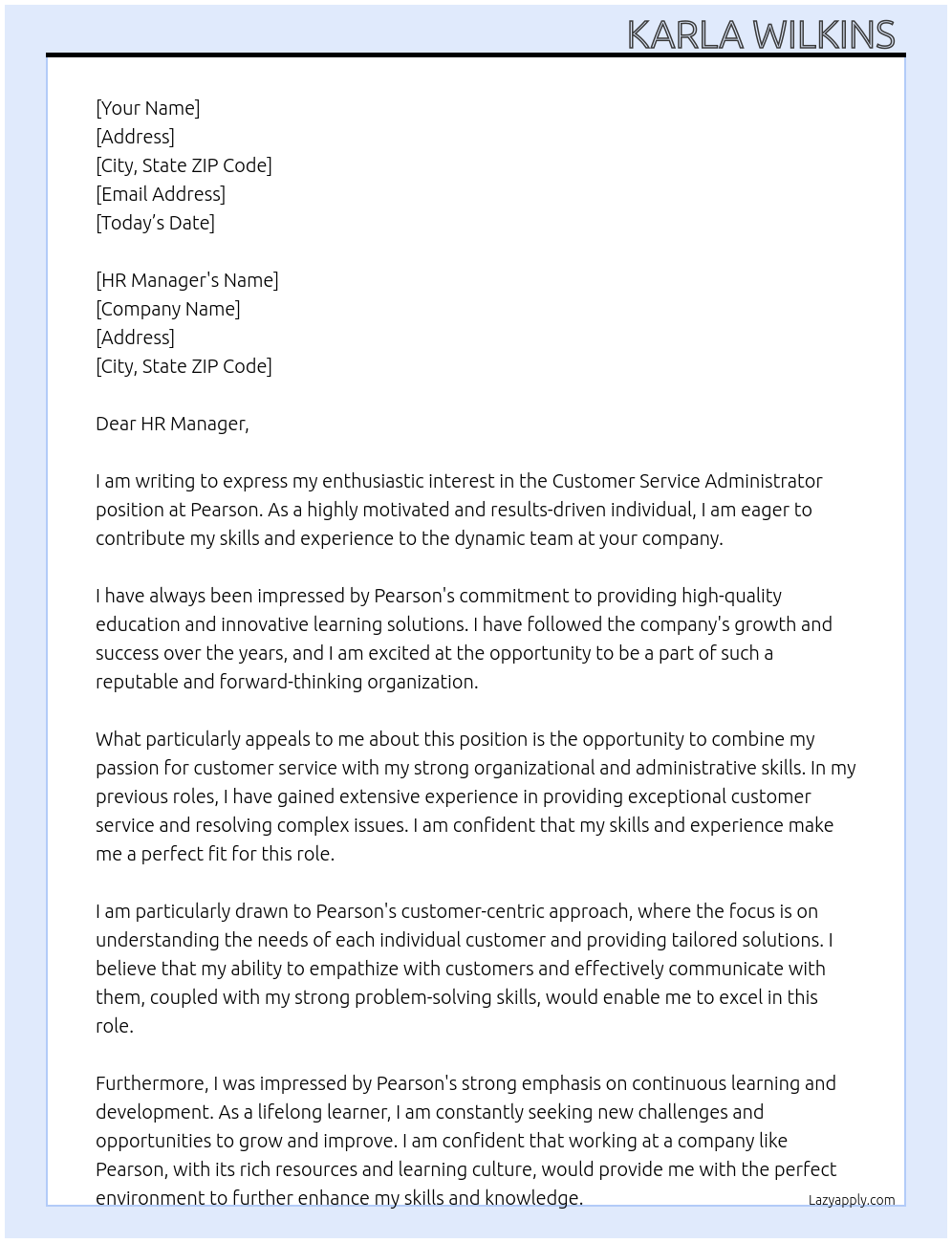 Customer service administrator  At Pearson Cover Letter