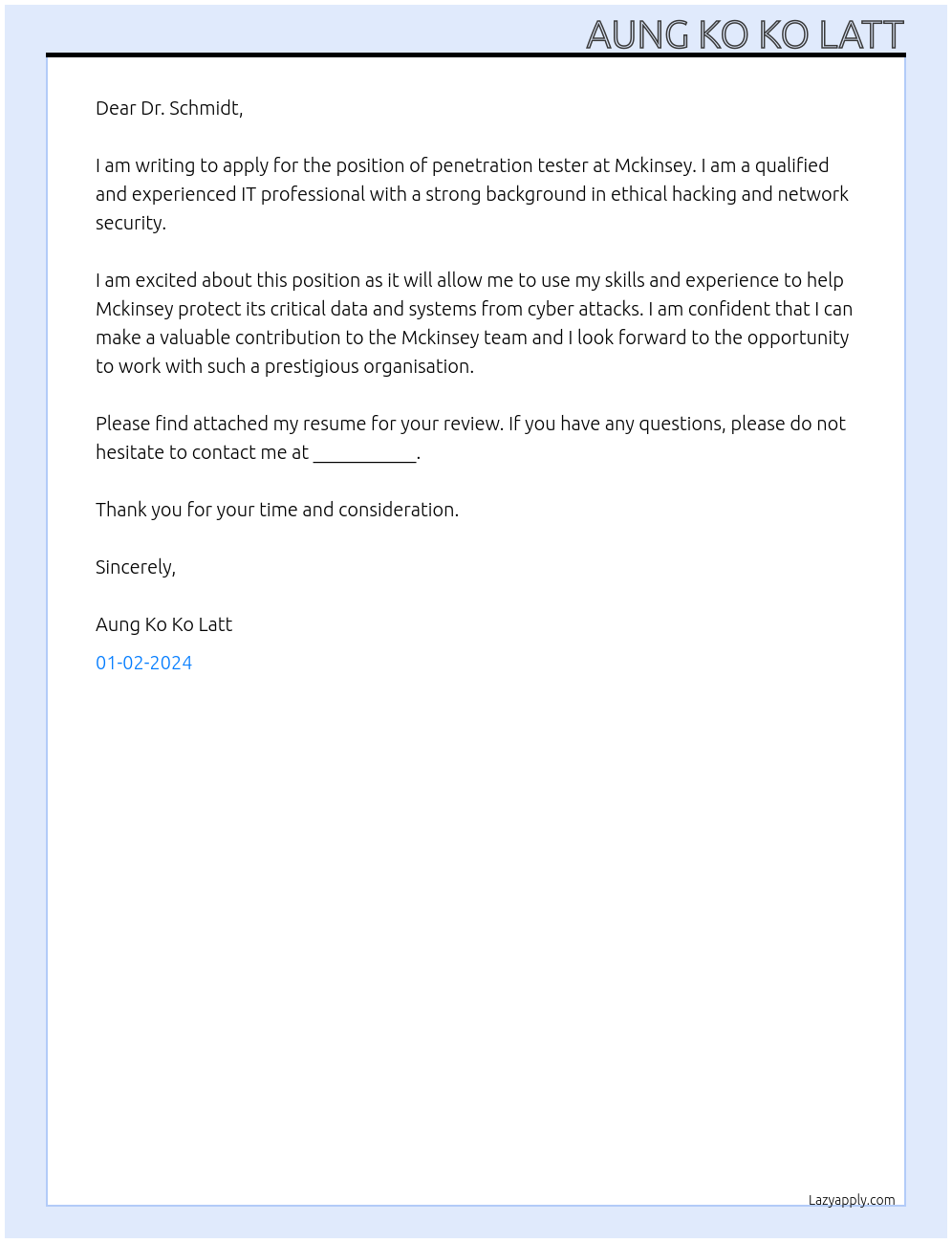 penetration tester At Mckinsey Cover Letter