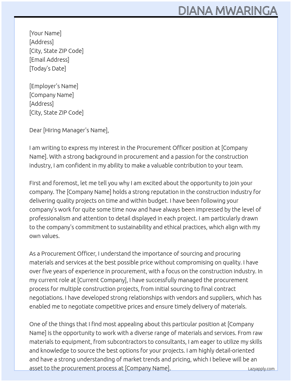 Procurement Officer At Construction Company Cover Letter