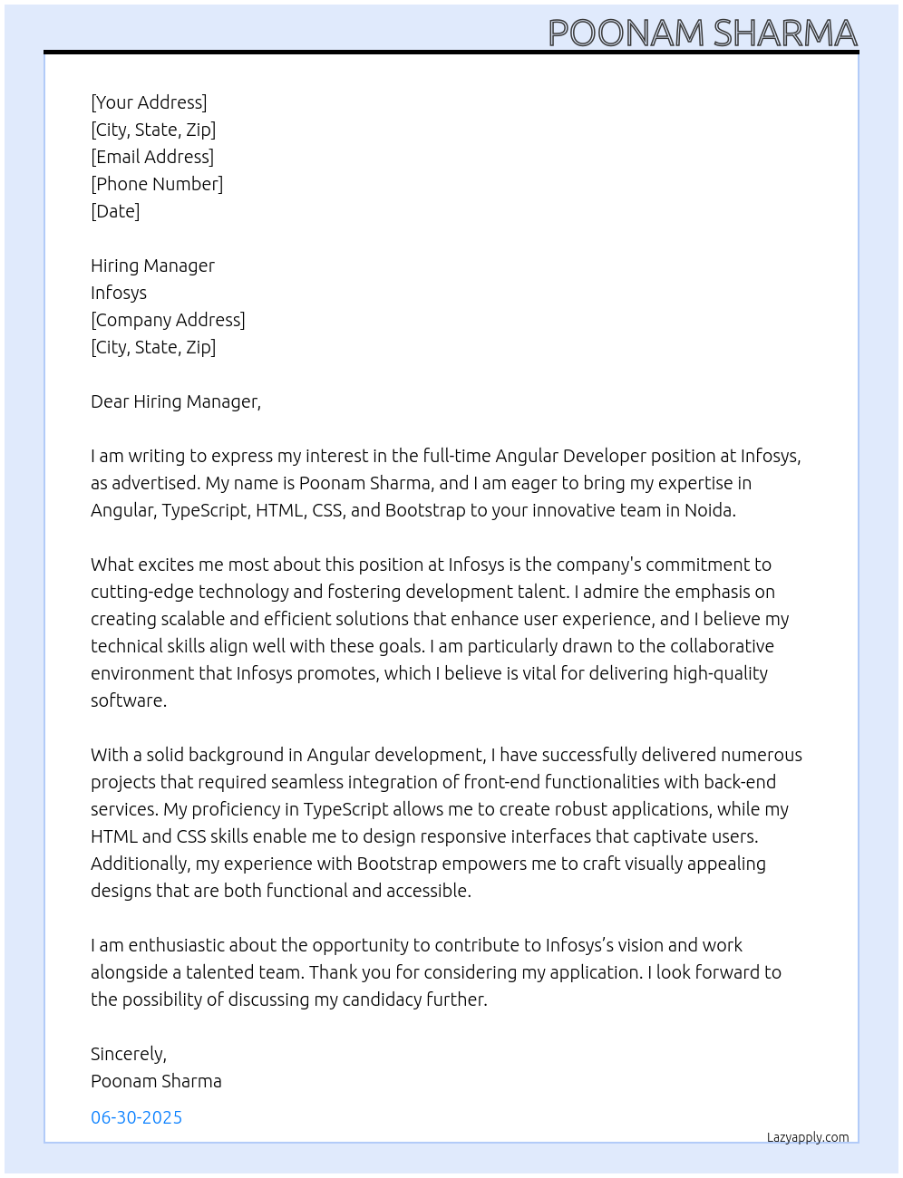 Angular developer At Infosys Cover Letter