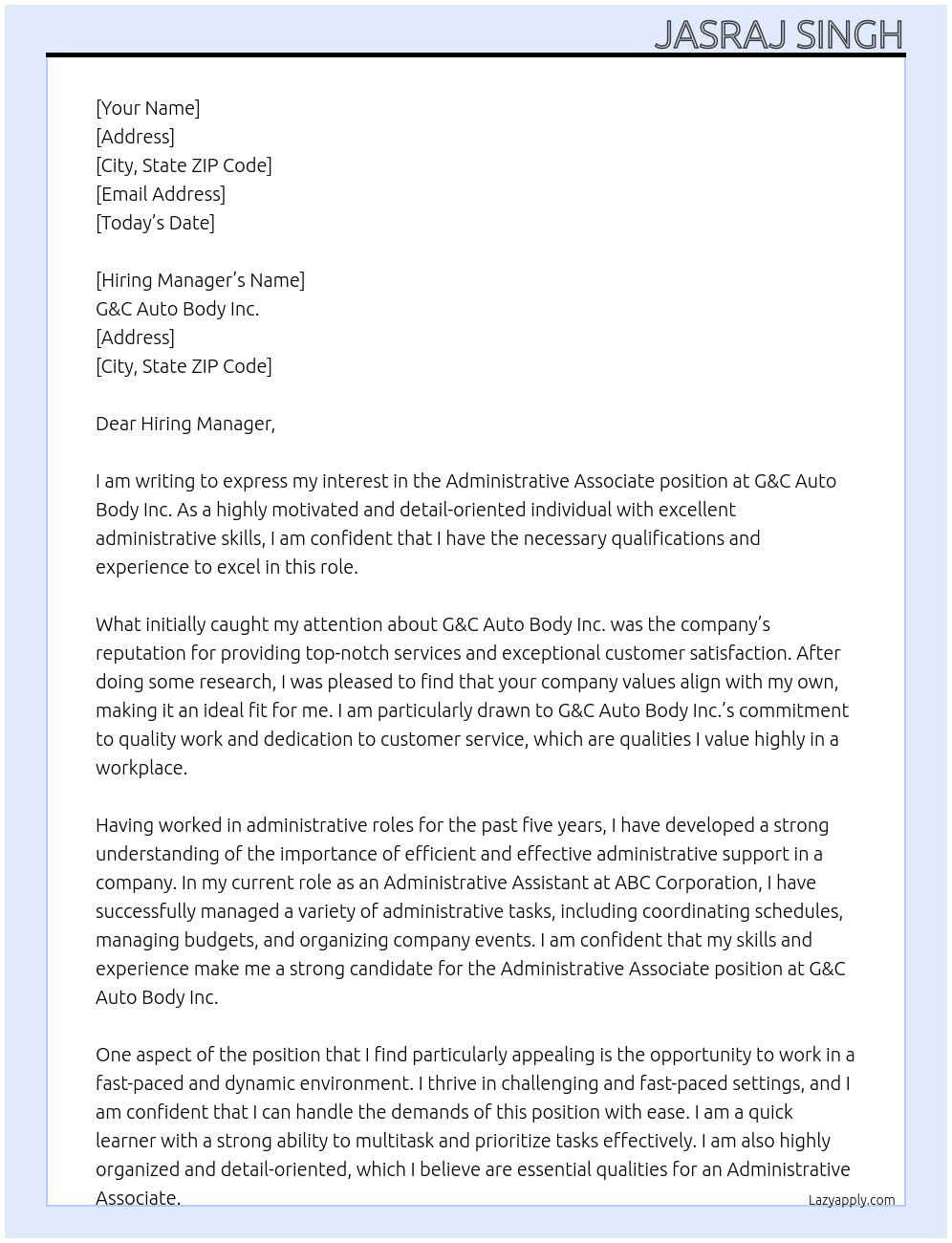 Cover letter for administrative associate - LazyApply